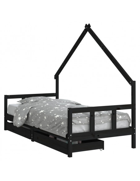 Giroletto Bambini con Cassetti Nero 90x200cm Massello di Pino