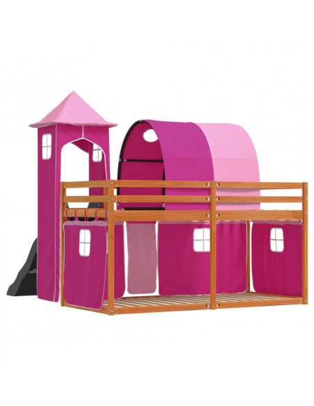 Letto a Castello con Scivolo e Tende Rosa 90x190 cm