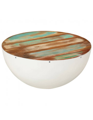 Tavolino a Ciotola Bianco Ø50x24 cm Legno Massello di Recupero