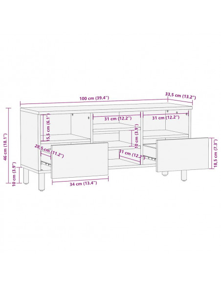 Mobile Porta TV Nero 100x33,5x46 cm Legno Massello Mango Grezzo