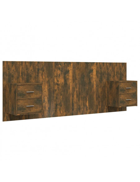 Testiera Letto con Comodini in Legno Multistrato Rovere Fumo