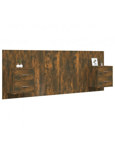 Testiera Letto con Comodini in Legno Multistrato Rovere Fumo