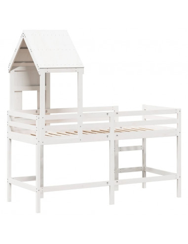 Letto Soppalco con Scala e Tetto Bianco 80x200 cm Massello Pino