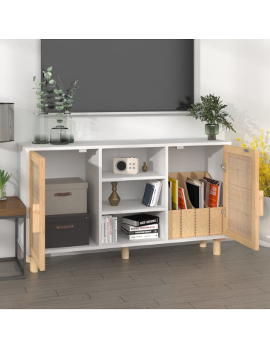 Credenza Bianca 105x30x60cm Legno Massello Pino Rattan Naturale