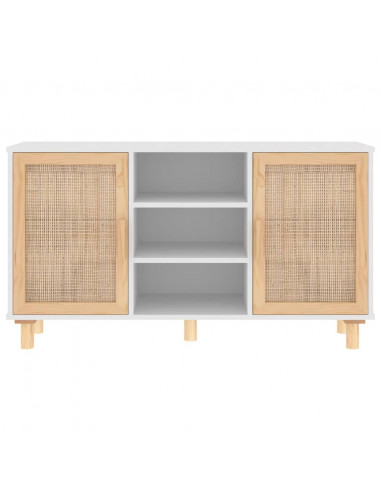 Credenza Bianca 105x30x60cm Legno Massello Pino Rattan Naturale