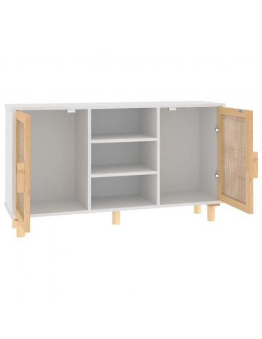 Credenza Bianca 105x30x60cm Legno Massello Pino Rattan Naturale