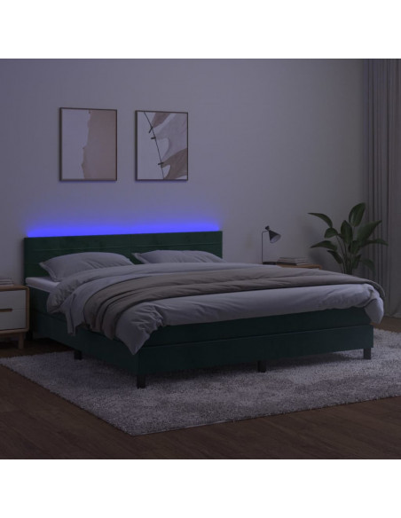 Letto a Molle con Materasso e LED Verde Scuro 180x200cm Velluto