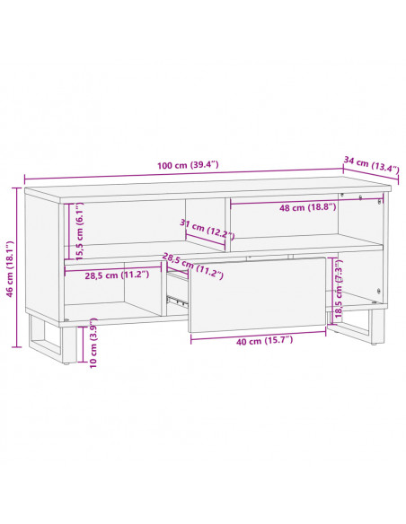 Mobile Porta TV 100x34x46 cm in Legno Massello di Mango