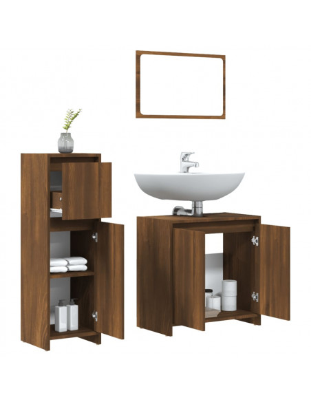 Set Mobili da Bagno 3 pz Rovere Marrone in Legno Multistrato