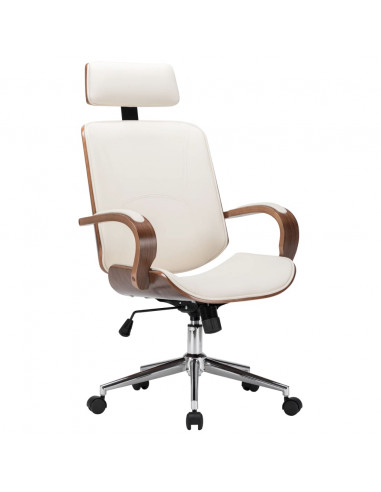 Sedia Girevole con Poggiatesta Crema Similpelle e Legno Curvato