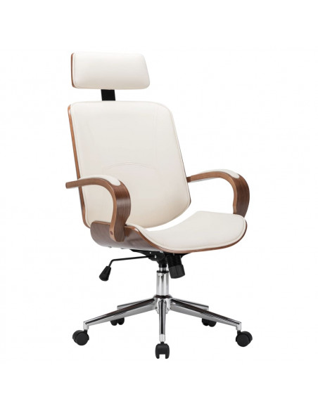 Sedia Girevole con Poggiatesta Crema Similpelle e Legno Curvato