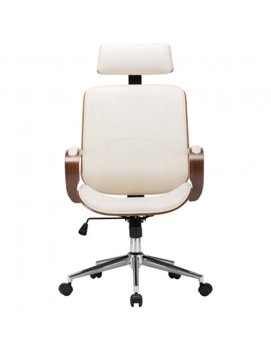 Sedia Girevole con Poggiatesta Crema Similpelle e Legno Curvato