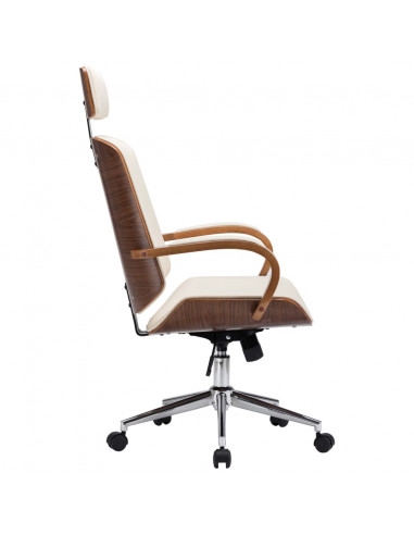 Sedia Girevole con Poggiatesta Crema Similpelle e Legno Curvato