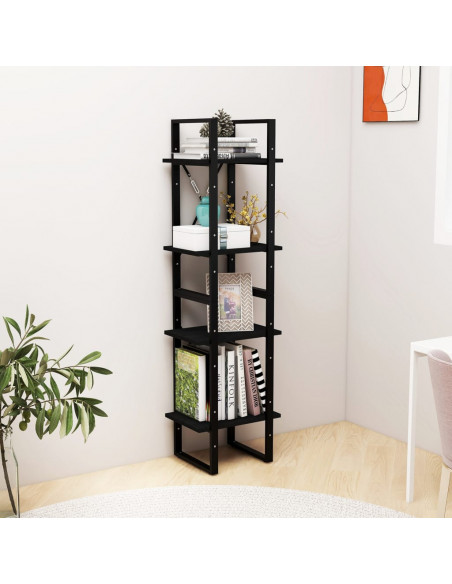Libreria a 4 Ripiani Nera 40x30x140 cm in Massello di Pino