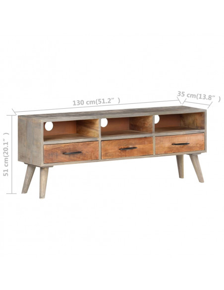 Mobile Porta TV Grigio 130x35x51 cm in Massello di Mango Grezzo