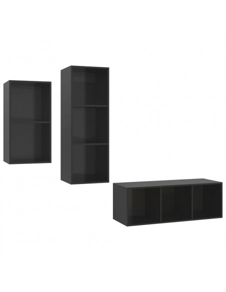 Set Mobili TV 3 pz Nero Lucido in Legno Multistrato
