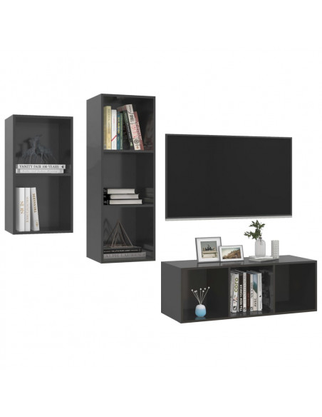Set Mobile TV 3 pz Grigio Lucido in Truciolato