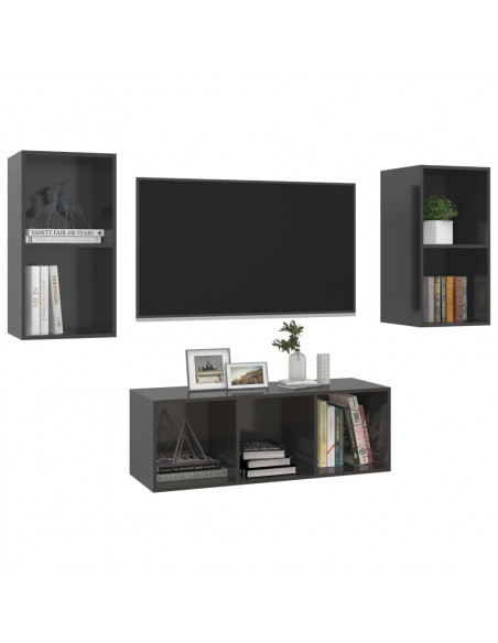 Set Mobile TV 3 pz Grigio Lucido in Truciolato