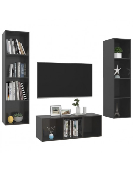 Set Mobile TV 3 pz Grigio Lucido in Truciolato