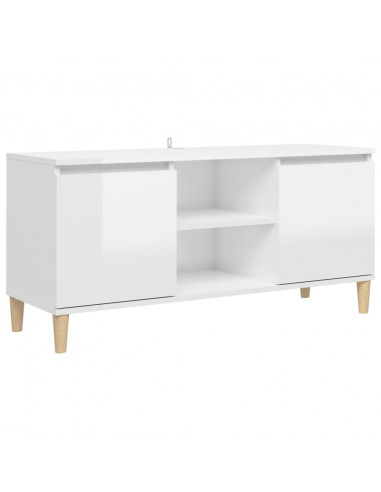 Mobile TV con Gambe Legno Massello Bianco Lucido 103,5x35x50 cm
