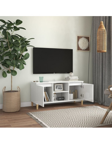 Mobile TV con Gambe Legno Massello Bianco Lucido 103,5x35x50 cm