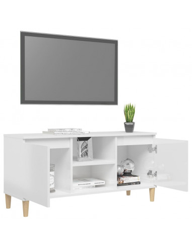 Mobile TV con Gambe Legno Massello Bianco Lucido 103,5x35x50 cm