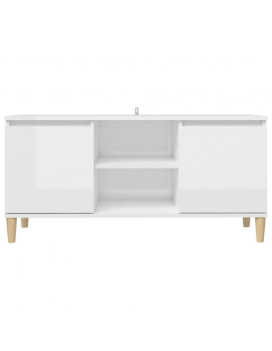 Mobile TV con Gambe Legno Massello Bianco Lucido 103,5x35x50 cm
