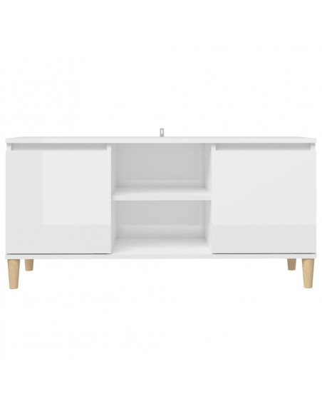 Mobile TV con Gambe Legno Massello Bianco Lucido 103,5x35x50 cm