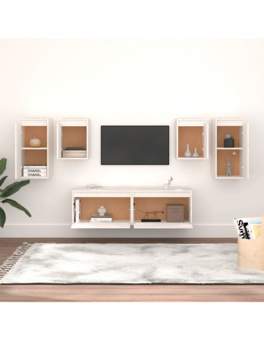 Mobili Porta TV 6 pz Bianchi in Legno Massello di Pino