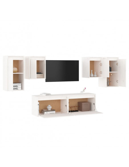 Mobili Porta TV 6 pz Bianchi in Legno Massello di Pino
