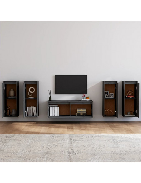 Mobili Porta TV 5 pz Grigi in Legno Massello di Pino
