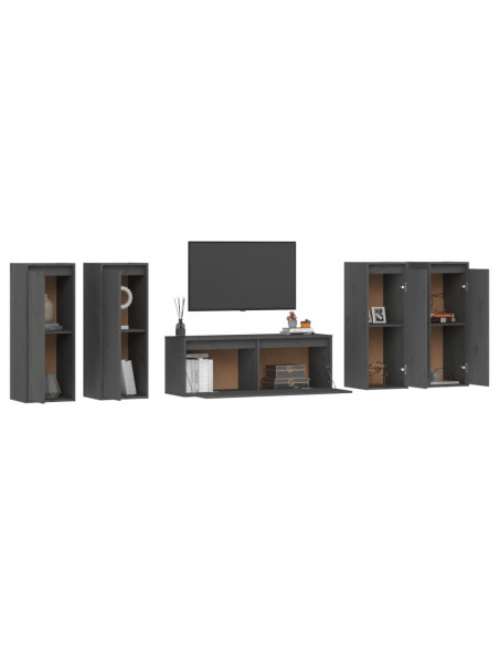 Mobili Porta TV 5 pz Grigi in Legno Massello di Pino