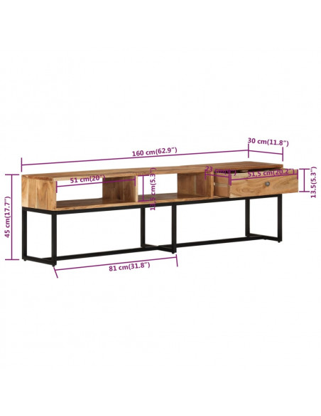Mobile Porta TV 160x30x45 cm in Legno Massello di Acacia