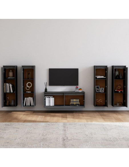 Mobili Porta TV 5 pz Grigi in Legno Massello di Pino
