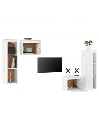Mobili Porta TV 4 pz Bianchi in Legno Massello di Pino