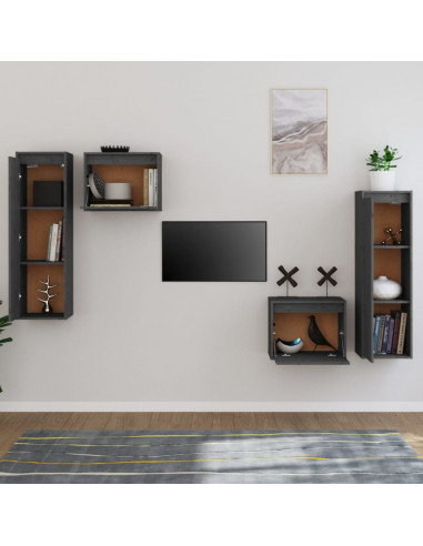 Mobili Porta TV 4 pz Grigi in Legno Massello di Pino