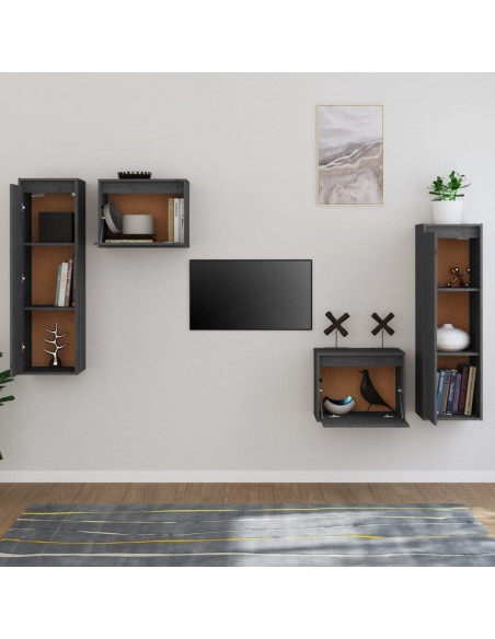 Mobili Porta TV 4 pz Grigi in Legno Massello di Pino