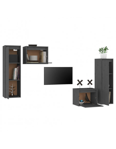 Mobili Porta TV 4 pz Grigi in Legno Massello di Pino