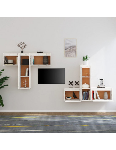 Mobili Porta TV 6 pz Bianchi in Legno Massello di Pino