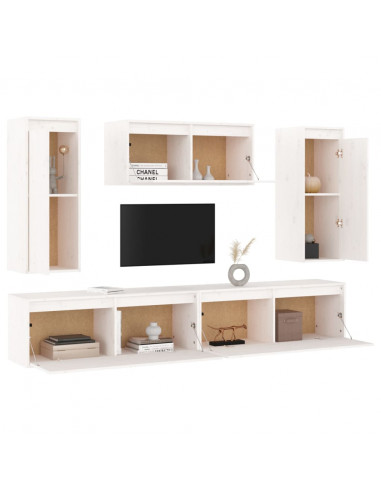 Mobili Porta TV 5 pz Bianchi in Legno Massello di Pino
