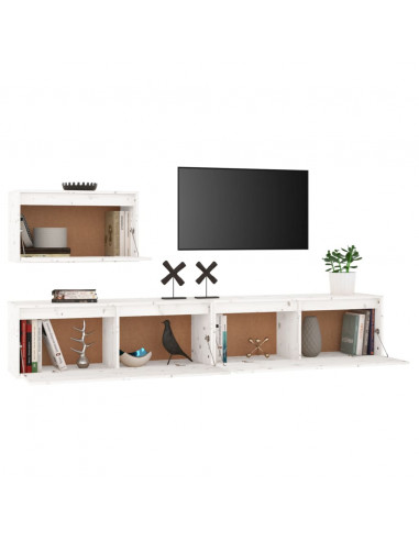 Mobili Porta TV 3 pz Bianchi in Legno Massello di Pino