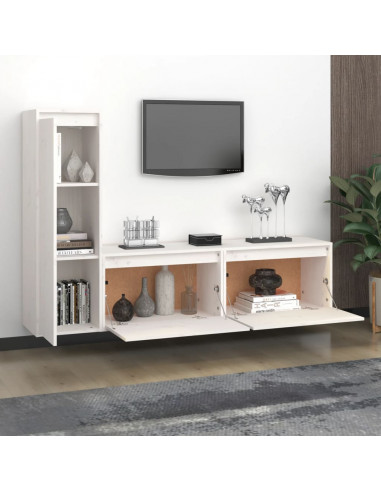 Mobili Porta TV 3 pz Bianchi in Legno Massello di Pino