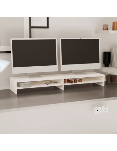 Supporto per Monitor Bianco 100x24x13 cm Legno Massello di Pino