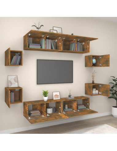 Set Mobili Porta TV 8pz Rovere Fumo in Legno Multistrato