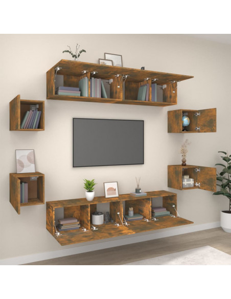 Set Mobili Porta TV 8pz Rovere Fumo in Legno Multistrato