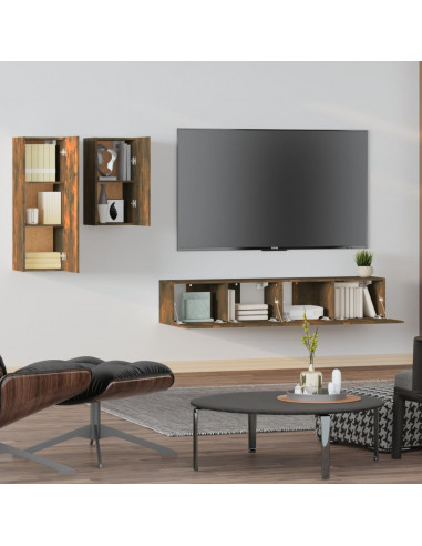 Set di Mobili Porta TV 4 pz Rovere Fumo in Legno Multistrato