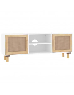 Mobile TV Bianco 105x30x40 cm Massello Pino e Rattan Naturale 2