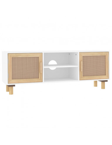 Mobile TV Bianco 105x30x40 cm Massello Pino e Rattan Naturale