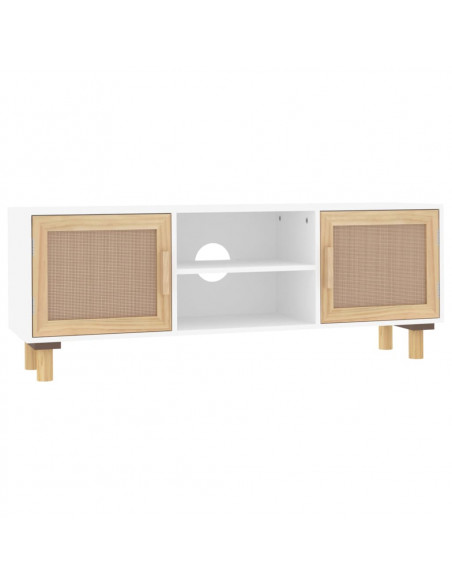 Mobile TV Bianco 105x30x40 cm Massello Pino e Rattan Naturale