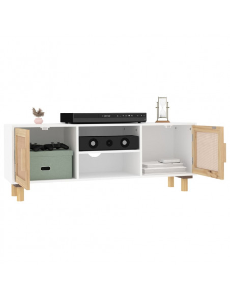 Mobile TV Bianco 105x30x40 cm Massello Pino e Rattan Naturale